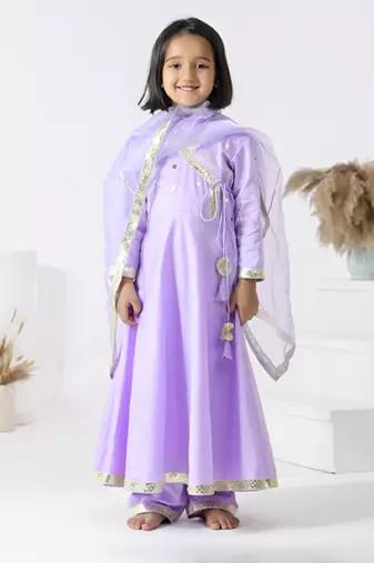 Purple embroidered cotton silk girls kurti set