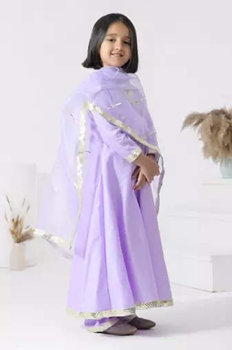 Purple embroidered cotton silk girls kurti set