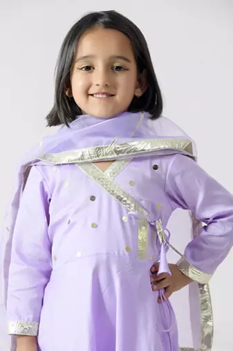Purple embroidered cotton silk girls kurti set