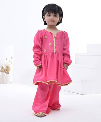 Pink embroidered satin girls sharara set 1