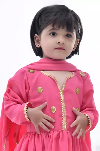 Pink embroidered satin girls sharara set