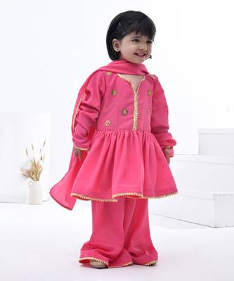Pink embroidered satin girls sharara set 4