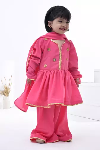 Pink embroidered satin girls sharara set