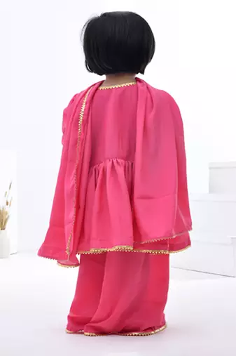 Pink embroidered satin girls sharara set