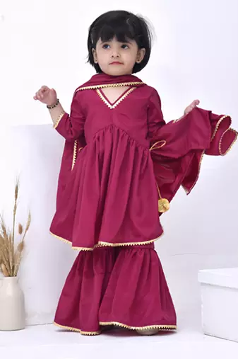 Pink embroidered crepe girls sharara set