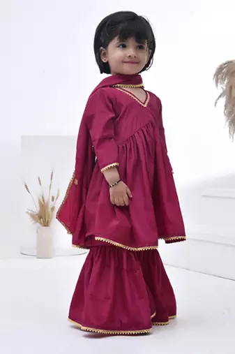 Pink embroidered crepe girls sharara set