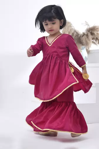 Pink embroidered crepe girls sharara set