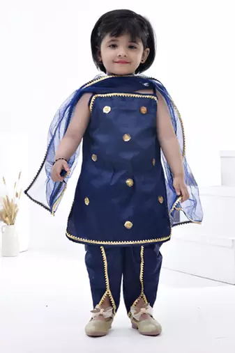 Blue embroidered cotton girls kurti set