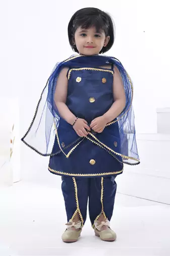 Blue embroidered cotton girls kurti set