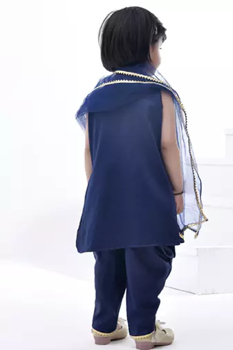 Blue embroidered cotton girls kurti set