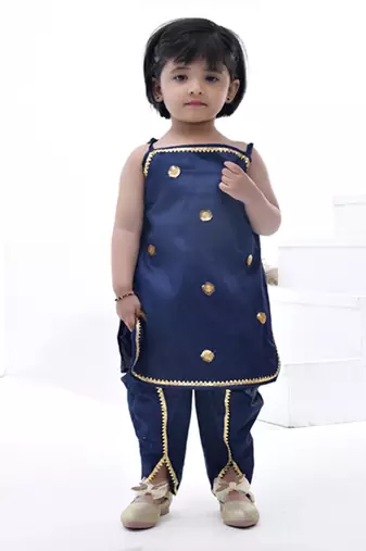 Blue embroidered cotton girls kurti set