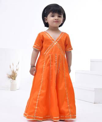 Orange embroidered cotton silk girls kurti set 3