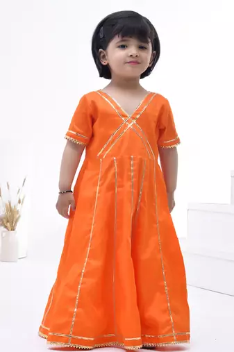 Orange embroidered cotton silk girls kurti set
