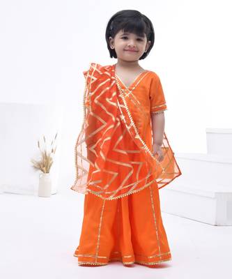 Orange embroidered cotton silk girls kurti set 1