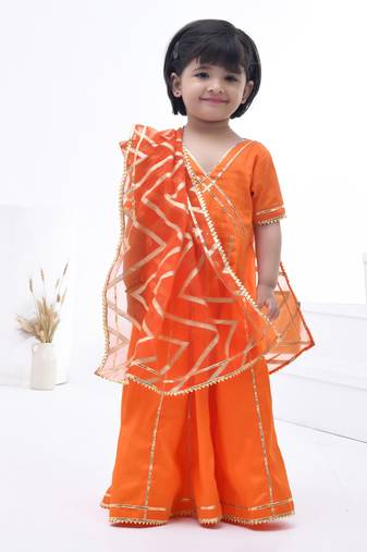 Orange embroidered cotton silk girls kurti set