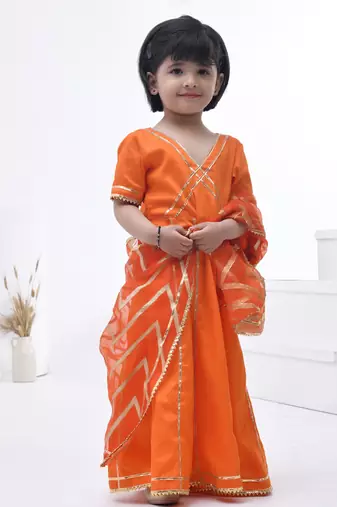 Orange embroidered cotton silk girls kurti set