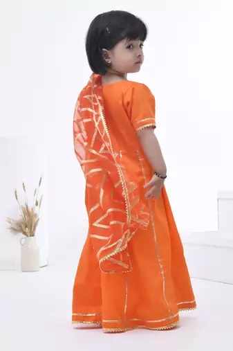 Orange embroidered cotton silk girls kurti set