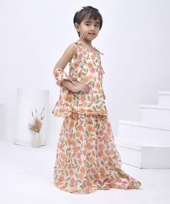 Beige printed chiffon girls sharara set 1