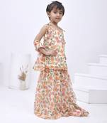 Beige printed chiffon girls sharara set