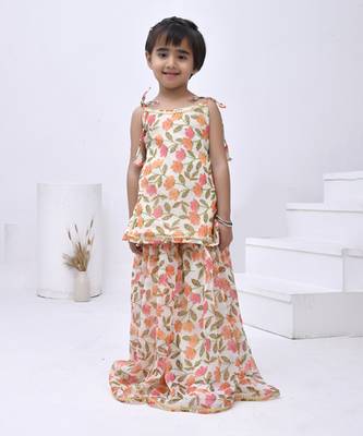 Beige printed chiffon girls sharara set 3