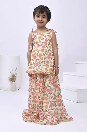 Beige printed chiffon girls sharara set
