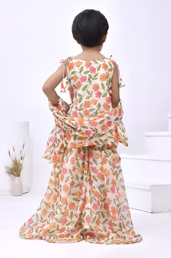 Beige printed chiffon girls sharara set