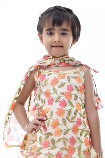 Beige printed chiffon girls sharara set