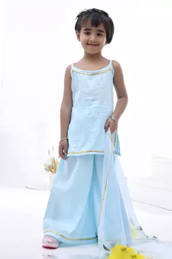 Blue plain cotton silk girls sharara set