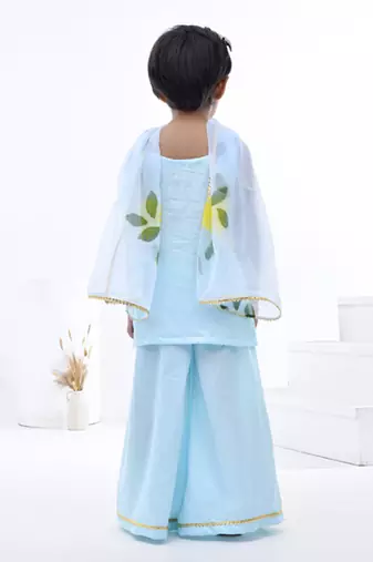 Blue plain cotton silk girls sharara set