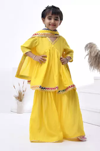 Yellow embroidered chanderi girls sharara set
