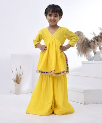 Yellow embroidered chanderi girls sharara set 3