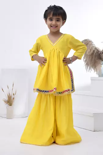 Yellow embroidered chanderi girls sharara set