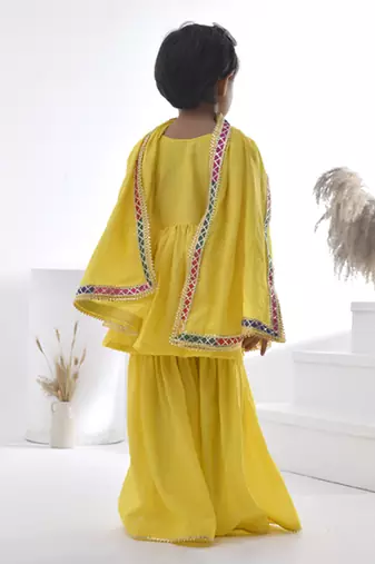 Yellow embroidered chanderi girls sharara set