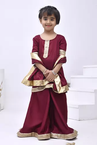 Maroon embroidered taffeta girls sharara set