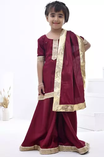 Maroon embroidered taffeta girls sharara set