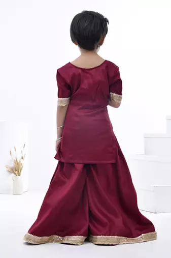 Maroon embroidered taffeta girls sharara set