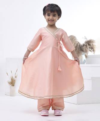 Pink embroidered taffeta girls kurti set 1