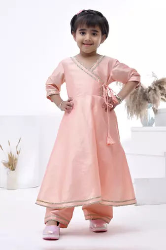 Pink embroidered taffeta girls kurti set