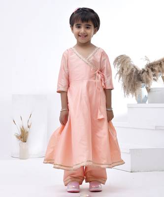 Pink embroidered taffeta girls kurti set 3