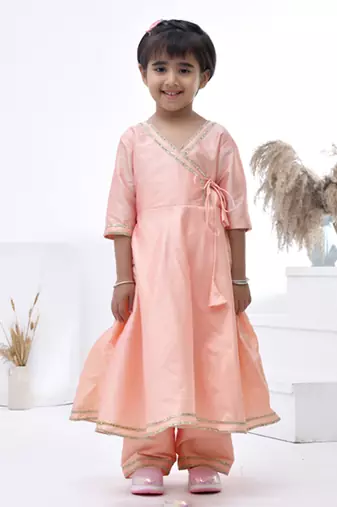 Pink embroidered taffeta girls kurti set