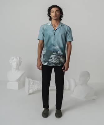 Aquamarine mystic sakura printed work japanese polyester shirt 1