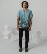 Aquamarine mystic sakura printed work japanese polyester shirt