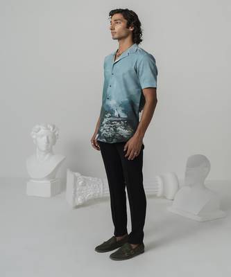 Aquamarine mystic sakura printed work japanese polyester shirt 2