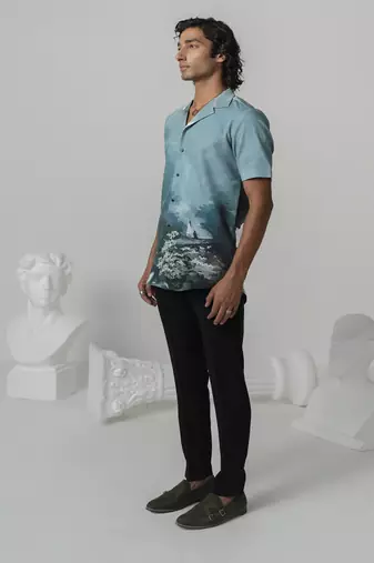 Aquamarine mystic sakura printed work japanese polyester shirt