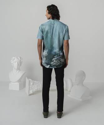 Aquamarine mystic sakura printed work japanese polyester shirt 3