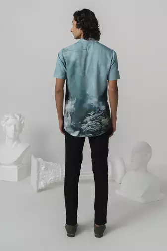 Aquamarine mystic sakura printed work japanese polyester shirt