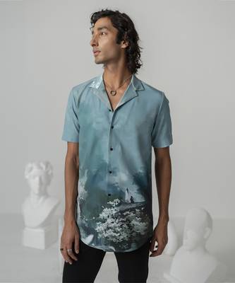 Aquamarine mystic sakura printed work japanese polyester shirt 4