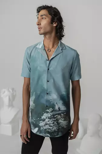 Aquamarine mystic sakura printed work japanese polyester shirt