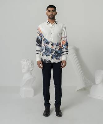 Bright white crystal peak printed work italian crepe shirt 1
