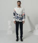 Bright white crystal peak printed work italian crepe shirt